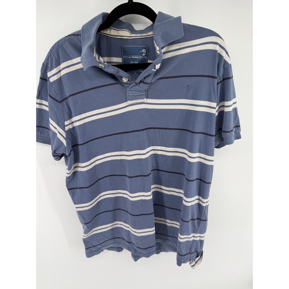 Duck Head Jeans Mens XL Blue Striped Short Sleeve Cotton Polo Shirt Logo